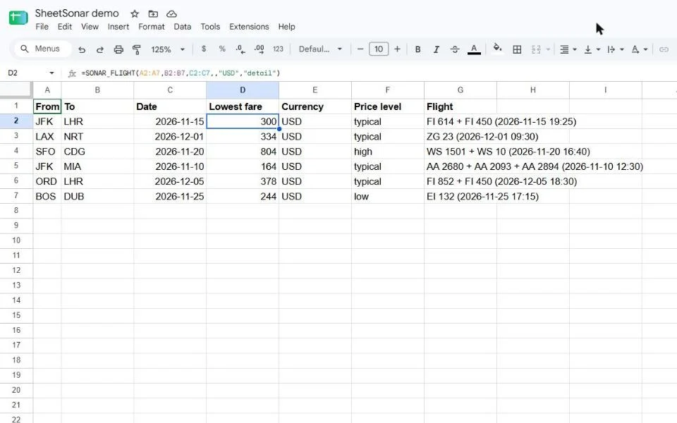 A spreadsheet shows flight search results with origin, destination, date, lowest fare, currency, price level and flight.